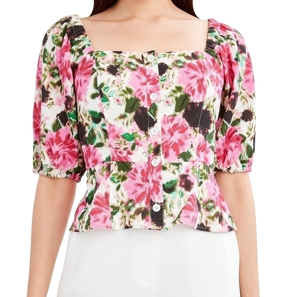 BCBGMaxAzria Colorful Bold Floral Puff Sleeve Button-Up Crop Top Coastal Beach